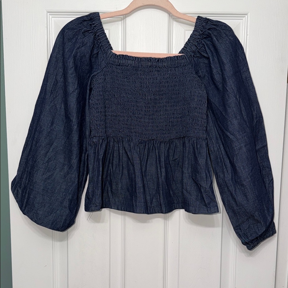 J. Crew Dark Blue Smocked Blouse